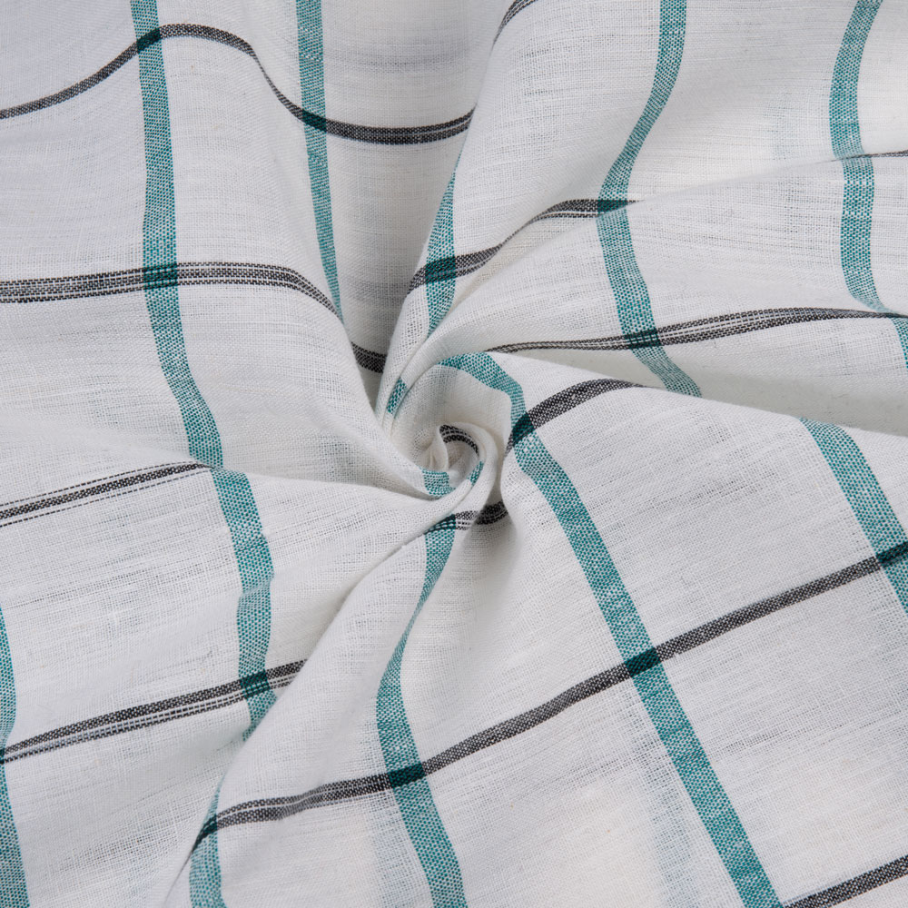 Check White Teal & Black Linen Cotton 121 GSM Handwoven Fabric