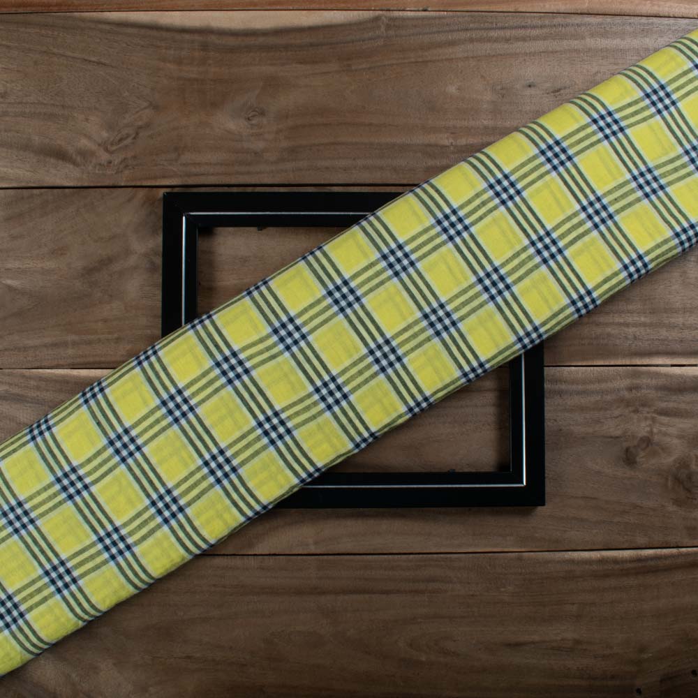 Yellow Base Black & White Check Pure Cotton 70 GSM Handwoven Fabric