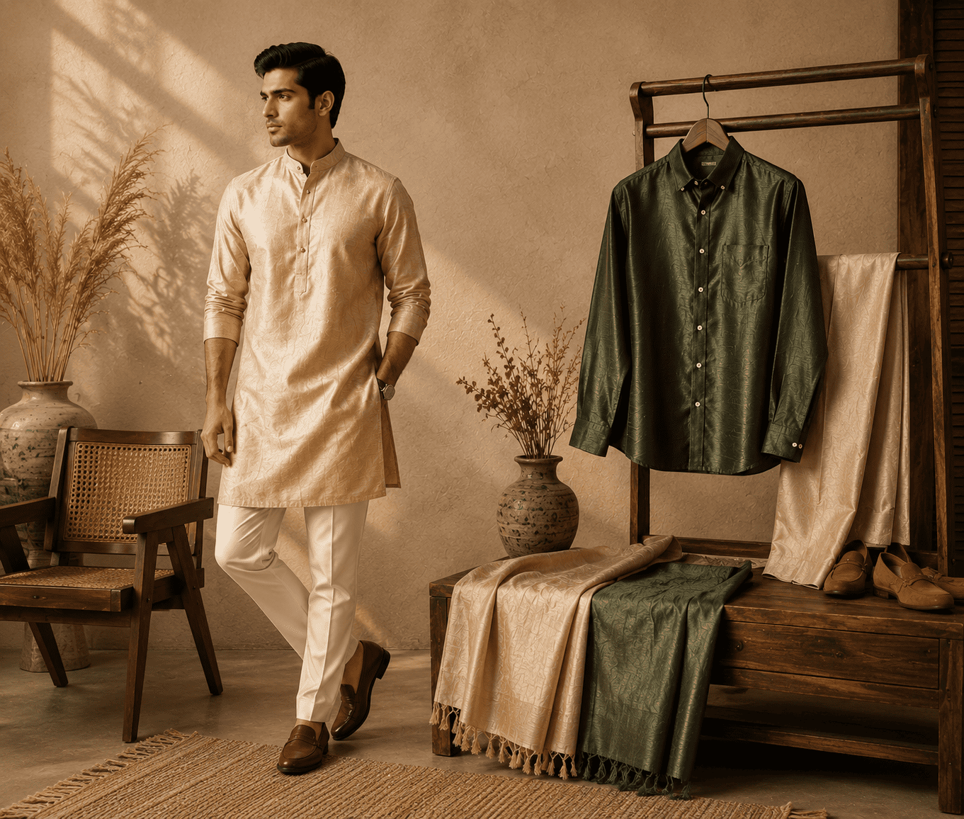 Raw silk kurta and shirt for men showcasing premium handloom craftsmanship and timeless style.