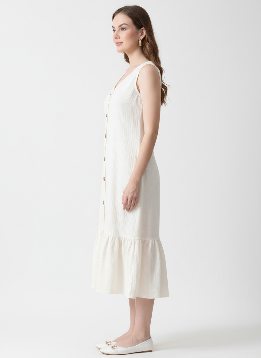 Buttoned & Gathered Midi Dress