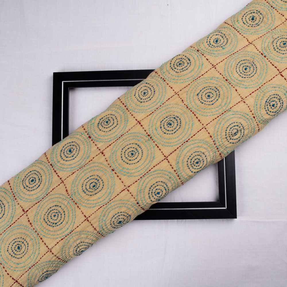 Geometric Yellow Kantha Embroidered Khadi Cotton 100 GSM Handwoven Fabric