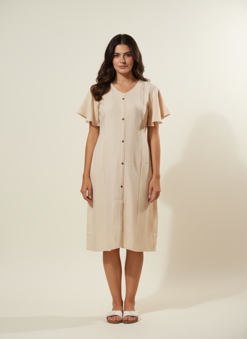 Buttoned & Flared Sleeves Dress