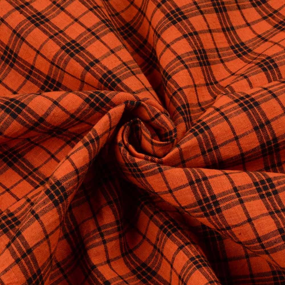 Check Orange & Black Pure Cotton 98 GSM Handwoven Fabric