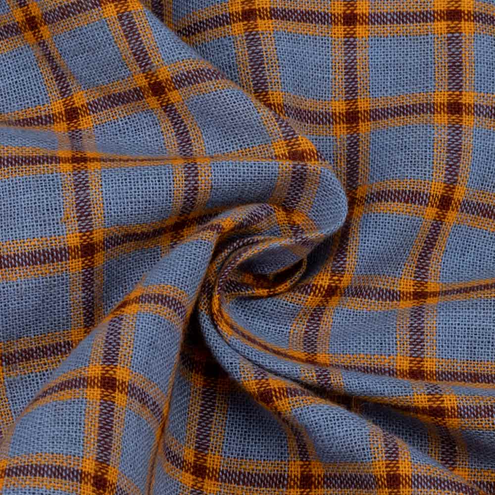 Check Bluish Grey & Yellow Pure Cotton 95 GSM Handwoven Fabric
