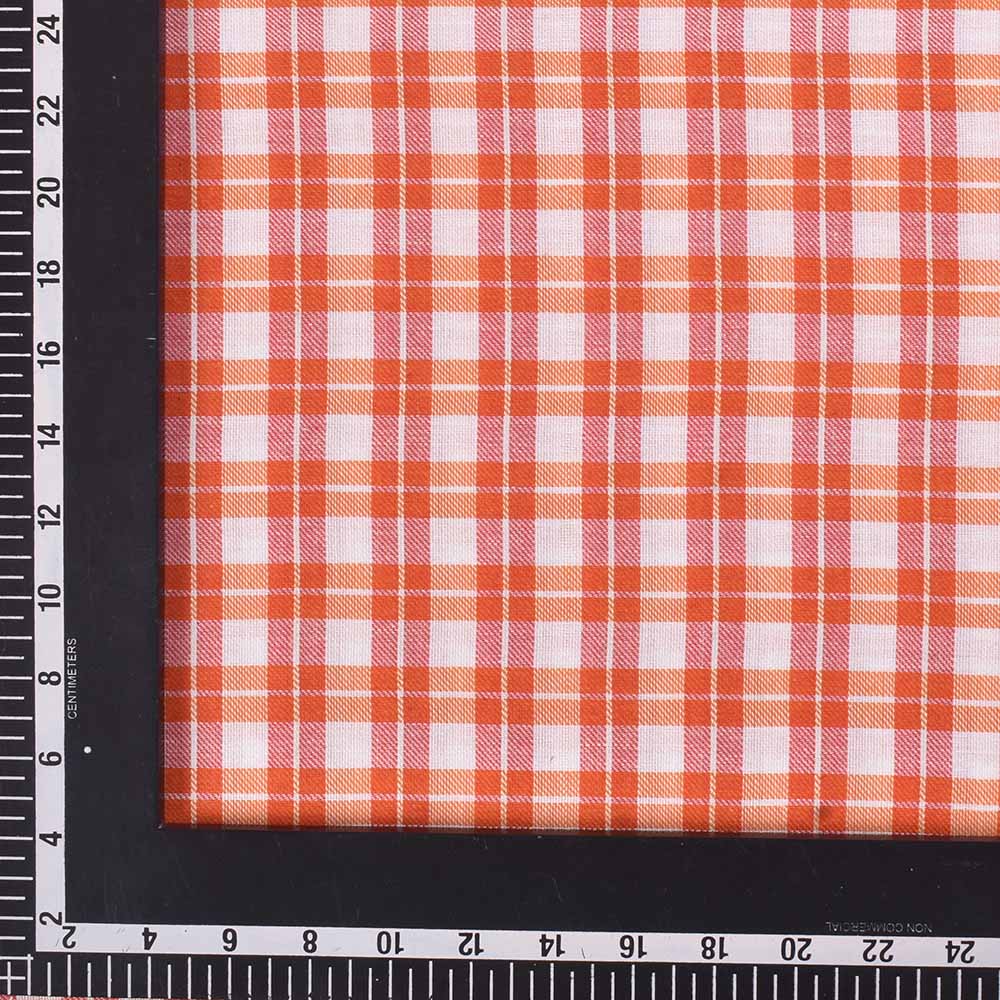 CHECK RED ORANGE TWILL PURE COTTON 102 GSM HANDWOVEN FABRIC