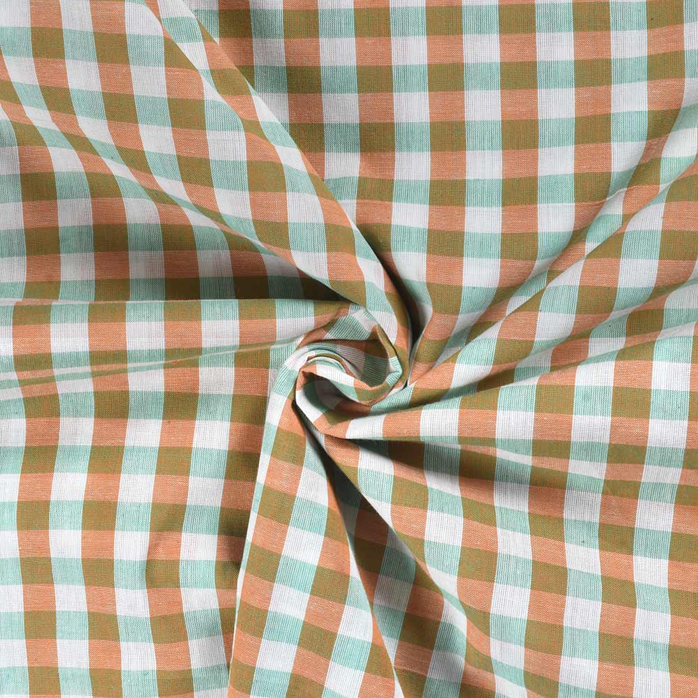 Check Orange & Green Pure Cotton 84 GSM Handwoven Fabric