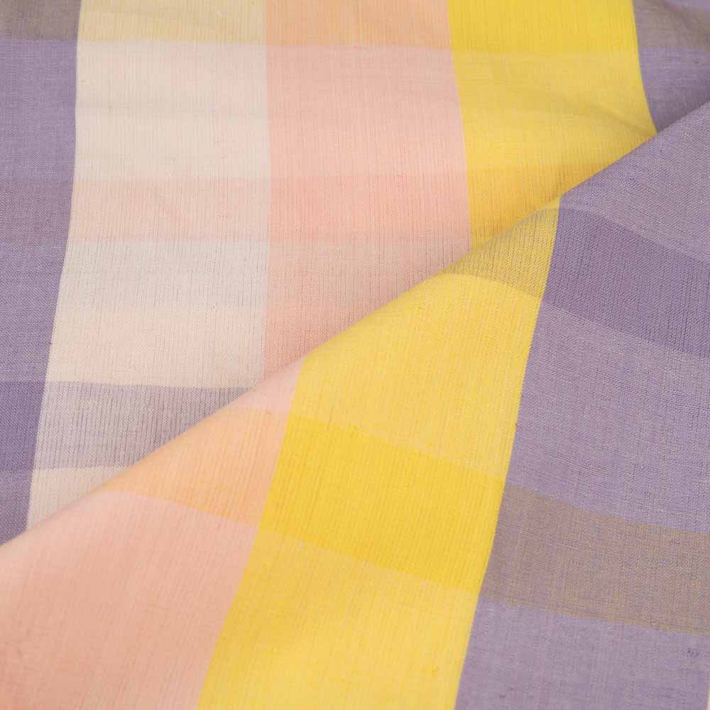 CHECK PEACH PURPLE & YELLOW COTTON 130 GSM HANDWOVEN FABRIC 181