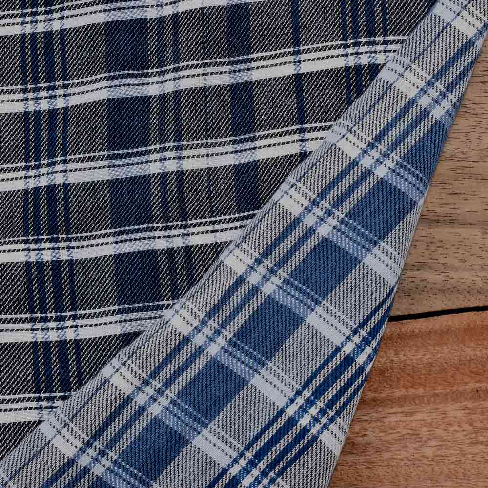 Check Reversible Satin Twill Blue Pure Cotton 100 GSM Handwoven Fabric