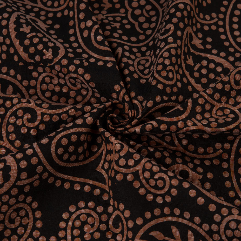 Paisley Brown & Black Screenprinted Cotton Khadi 88 GSM Handwoven Fabric