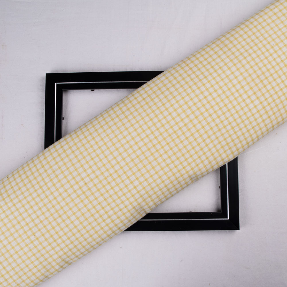 Check White & Yellow Pure Cotton 107 GSM Handwoven Fabric