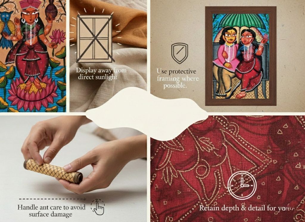 Properly framed Patachittro artwork displayed indoors away from direct sunlight