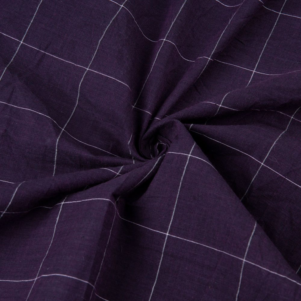 Check Aubergine Pure Cotton 57 GSM Handwoven Fabric
