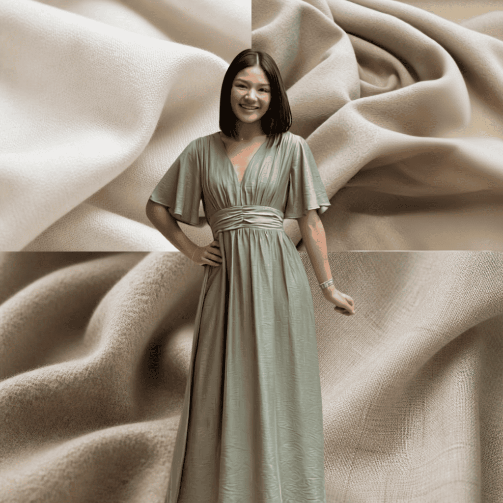 Woman wearing a lightweight, flowing viscose dress against a backdrop of soft, draped fabrics, illustrating viscose fabric's suitability for summer wear