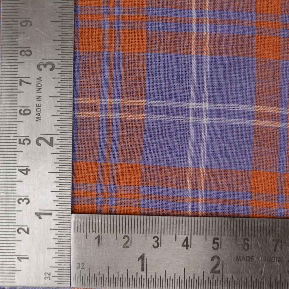 CHECK ORANGE & PURPLE PURE COTTON 94 GSM HANDWOVEN FABRIC