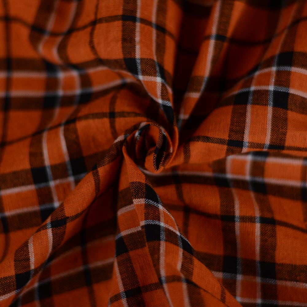 Check Orange & Black Pure Cotton 93 GSM Handwoven Fabric