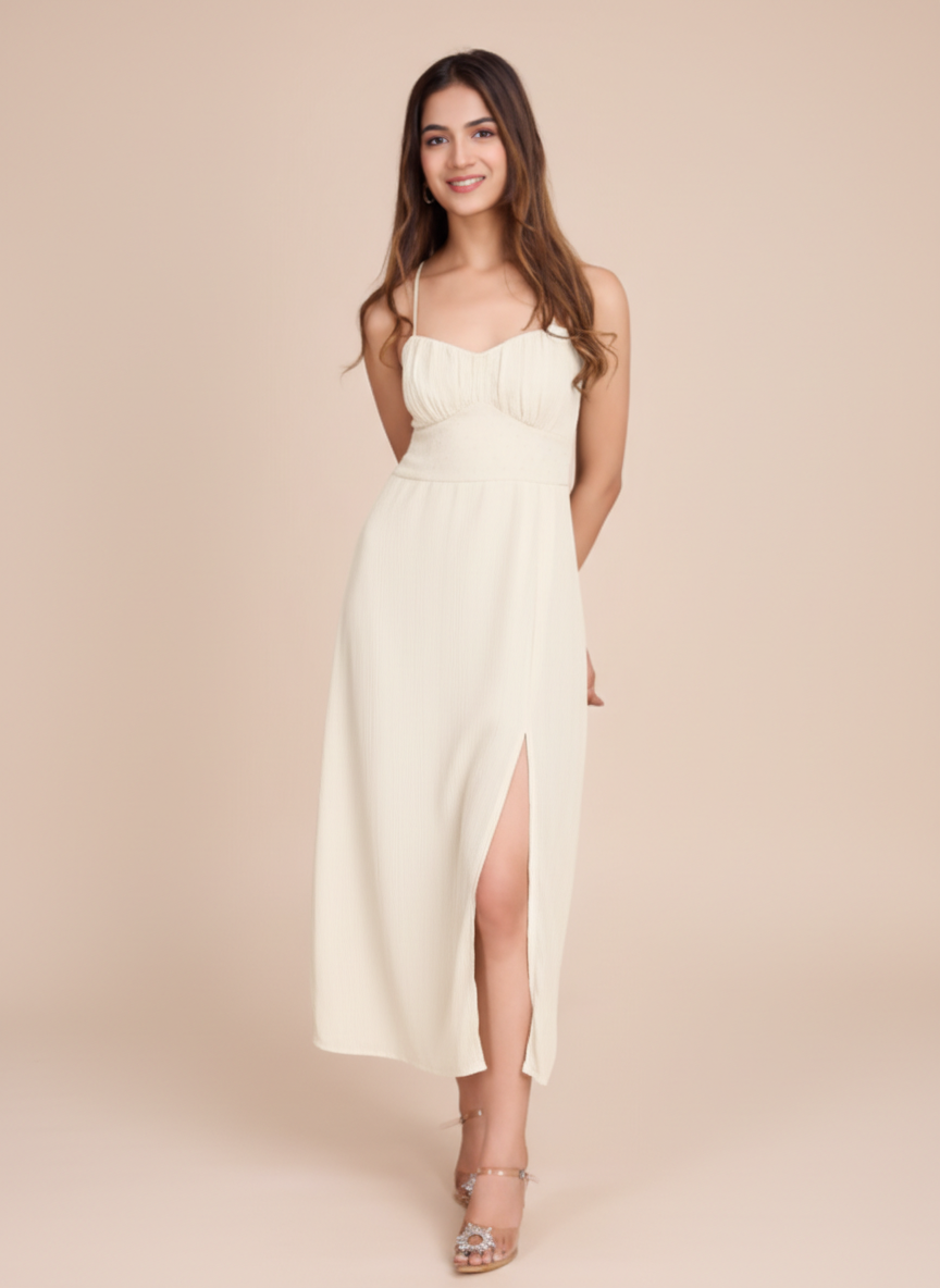 Gathered Bust Back Tie Slit Dress