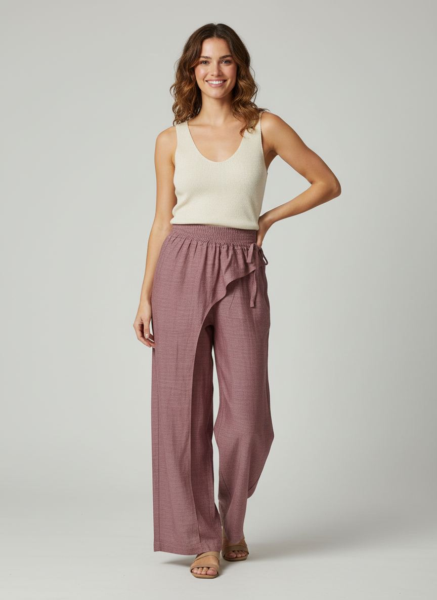 Straight Cut Wide Leg Bottom Pants With Side Ties - Curve Cut