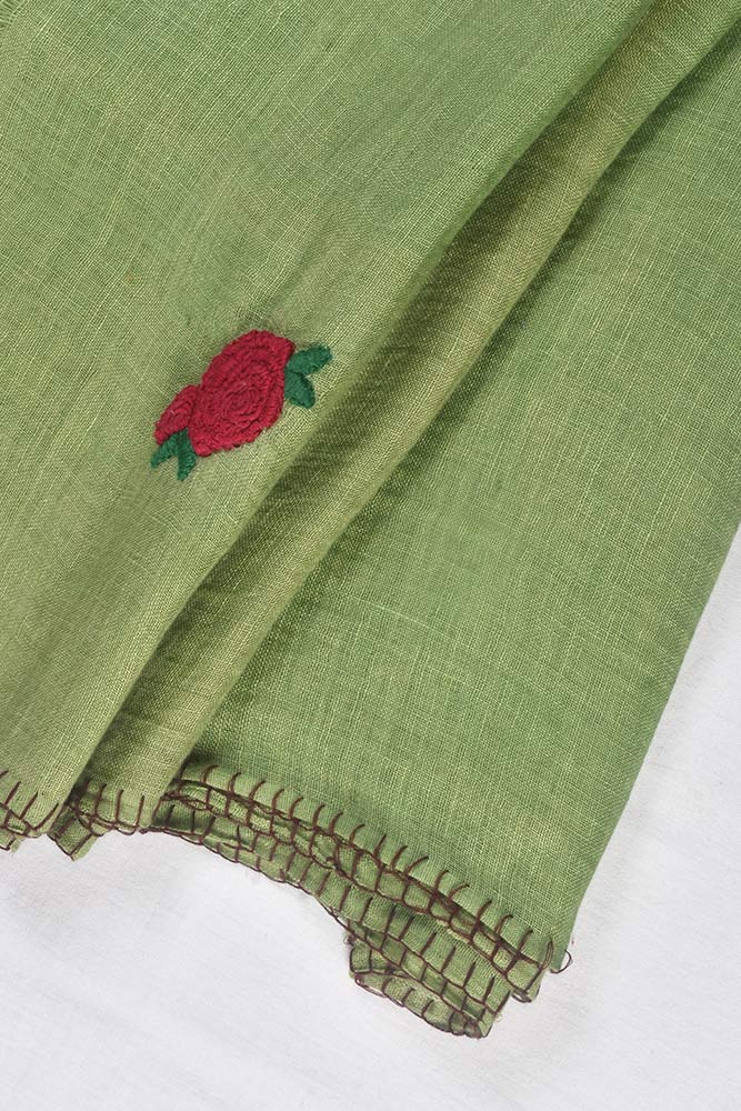 OLIVE GREEN HAND EMBROIDERED LINEN SCARF
