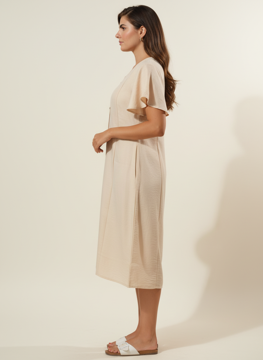 Buttoned & Flared Sleeves Dress