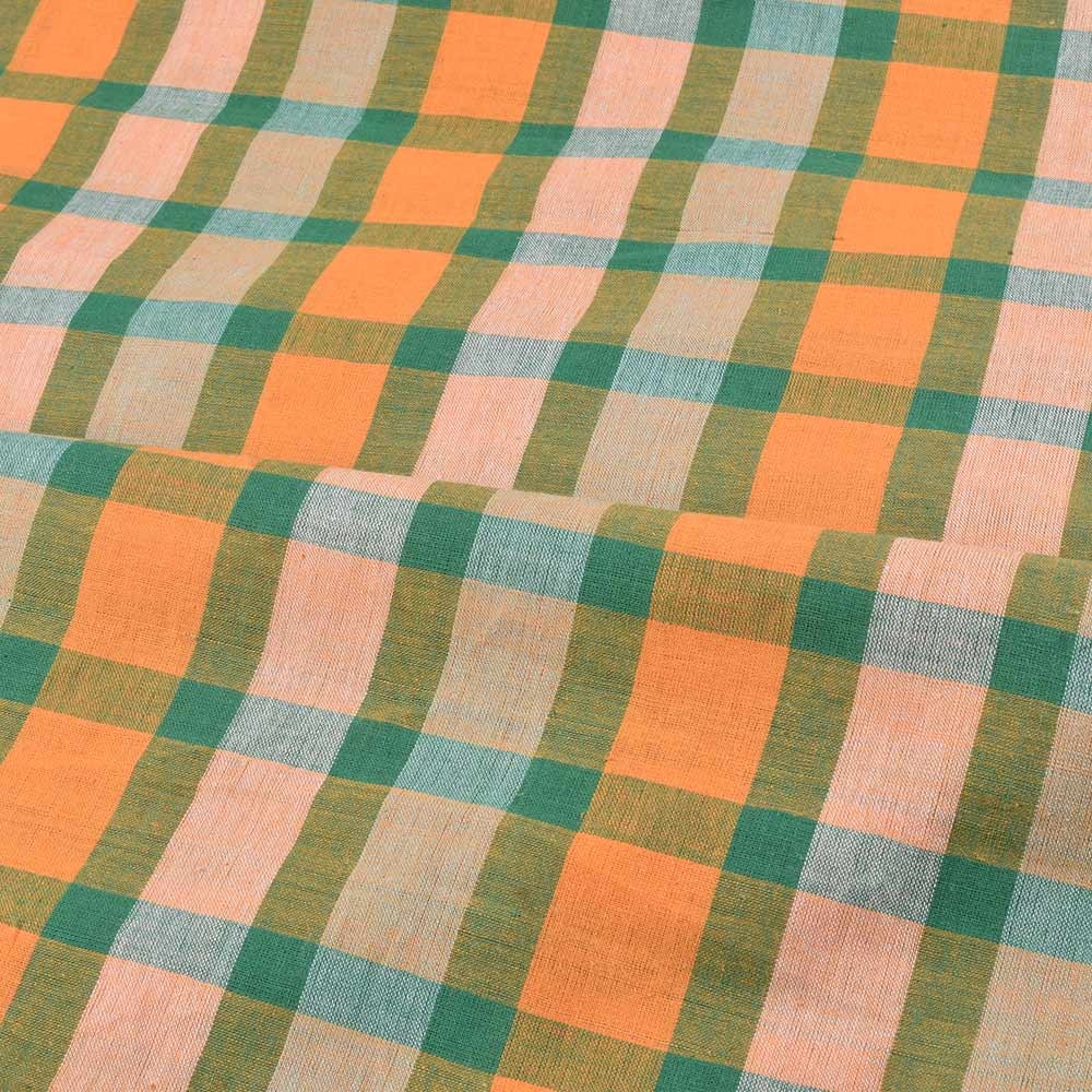 CHECK ORANGE & GREEN PURE COTTON 96 GSM HANDWOVEN FABRIC