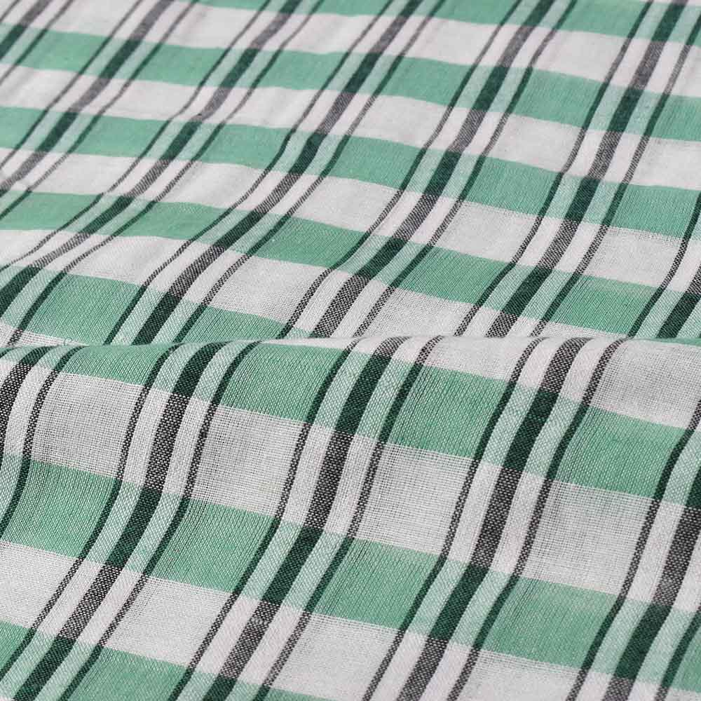 CHECK WHITE BLACK AND GREEN PURE COTTON 90 GSM HANDWOVEN FABRIC