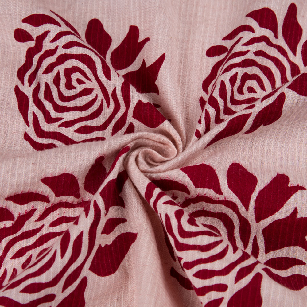 Rose Red Screenprinted Cotton Khadi 104 GSM Handwoven Fabric