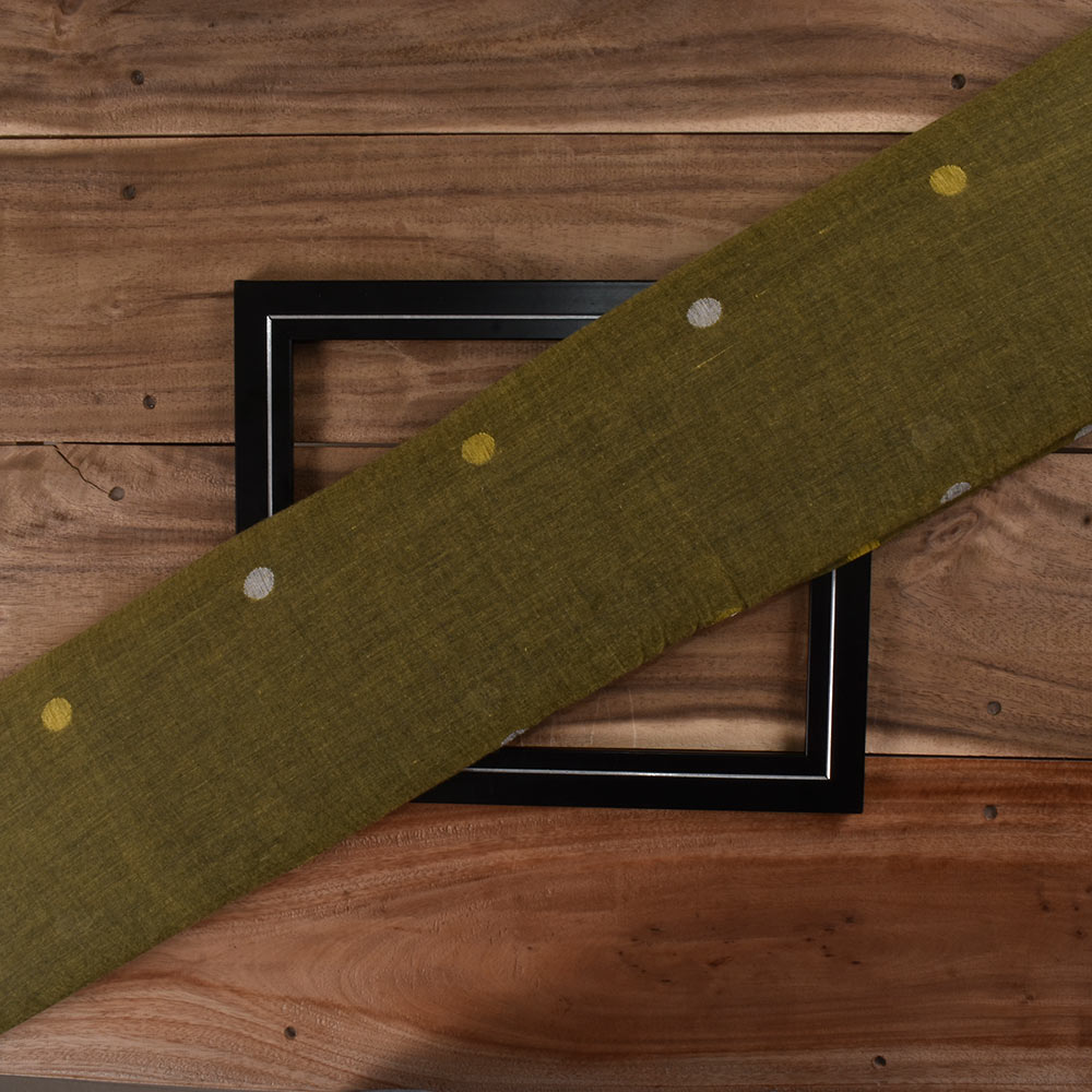 Polka Dot Olive Green Jamdani Pure Cotton 58 GSM Handwoven Fabric