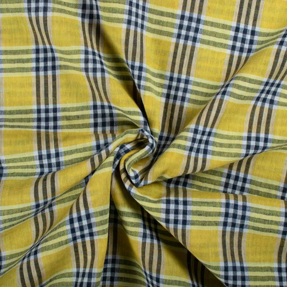 Yellow Base Black & White Check Pure Cotton 70 GSM Handwoven Fabric 759