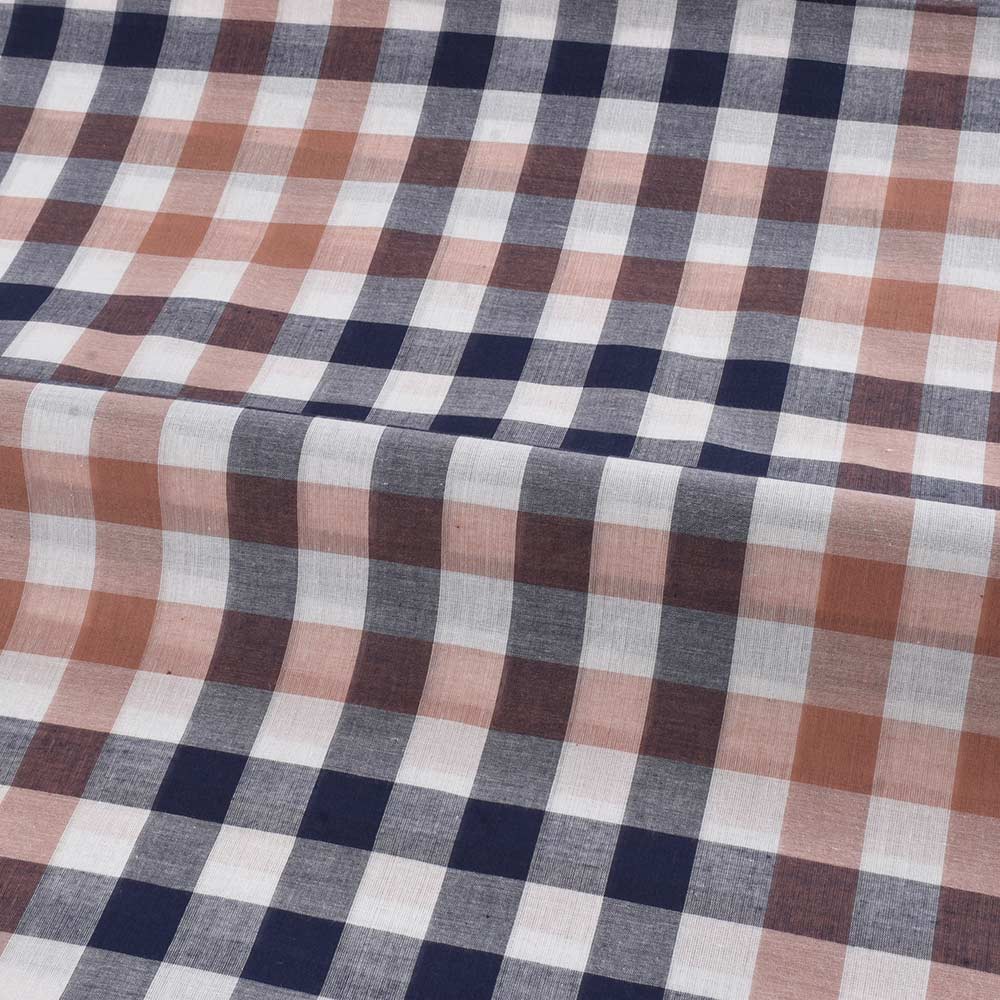 CHECK BROWN BLUE & WHITE PURE COTTON 95 GSM HANDWOVEN FABRIC