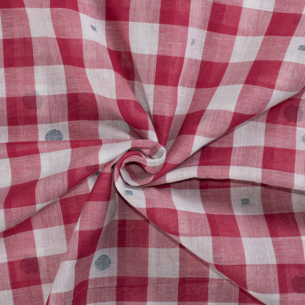 Check White and Red Jamdani Pure Cotton 55 GSM Handwoven Fabric 59