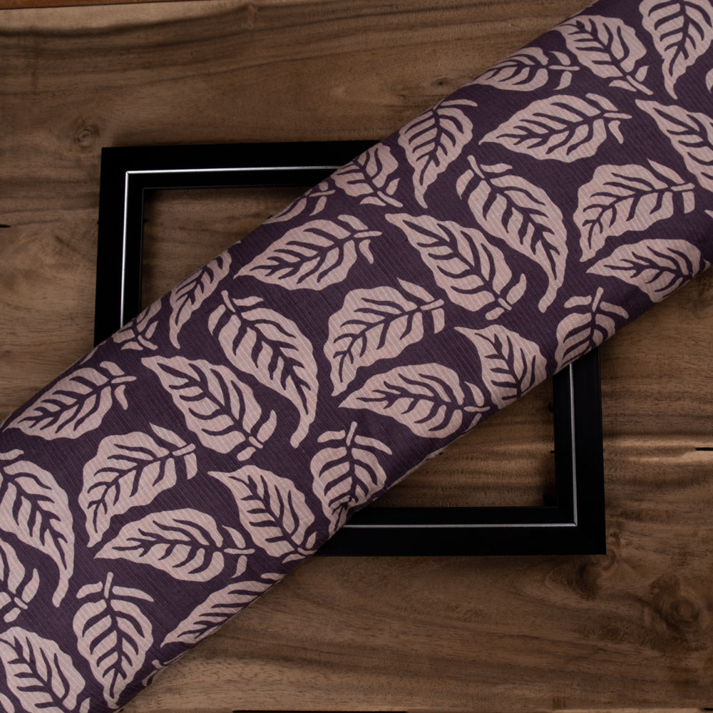 Leafy Purple Screenprinted Cotton Khadi 104 GSM Handwoven Fabric