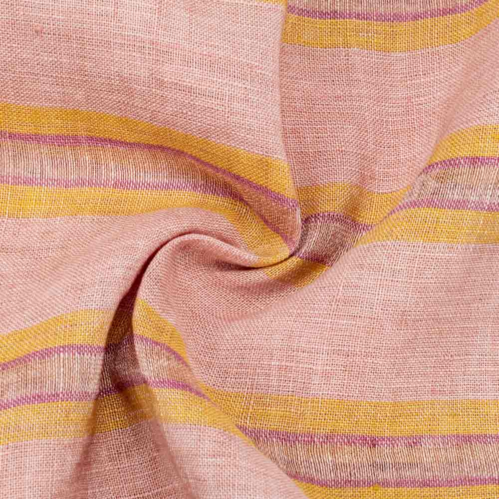 Stripe Peach & Golden Zari Pure Linen 130 GSM Handwoven Fabric
