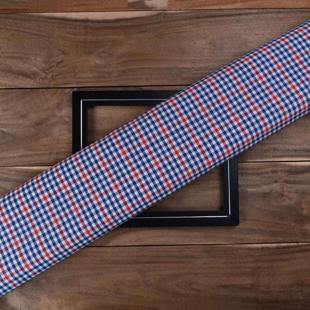 Check White Blue And Red Pure Cotton 103 GSM Handwoven Fabric