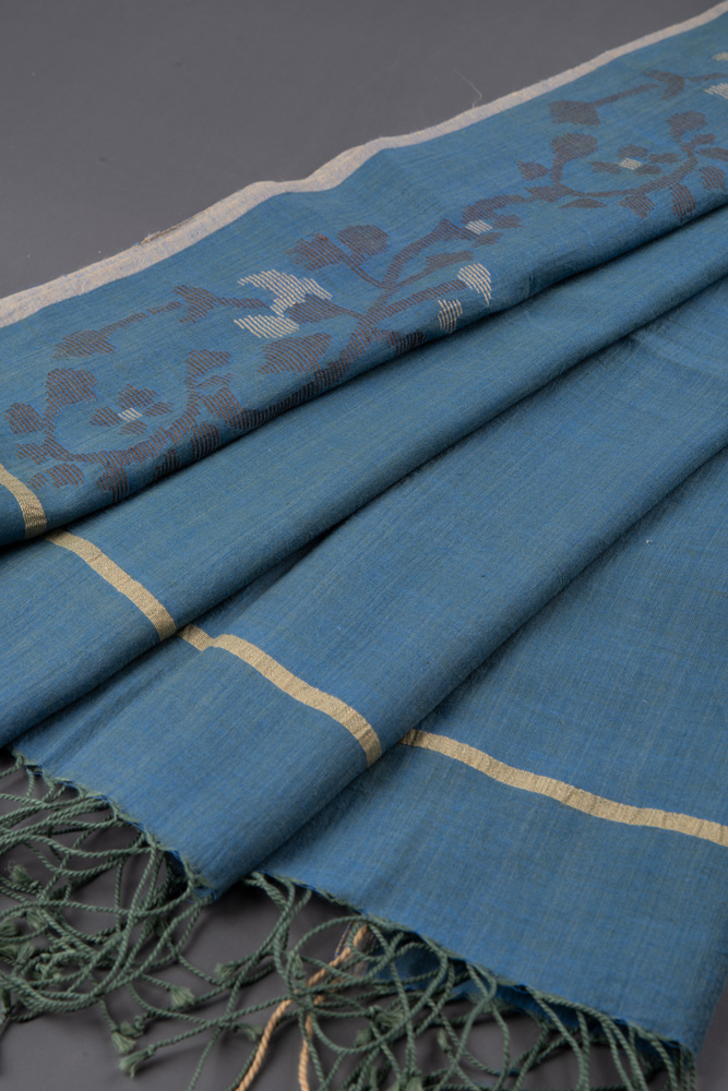 FLORAL BLUE JAMDANI PURE COTTON HANDWOVEN SCARF