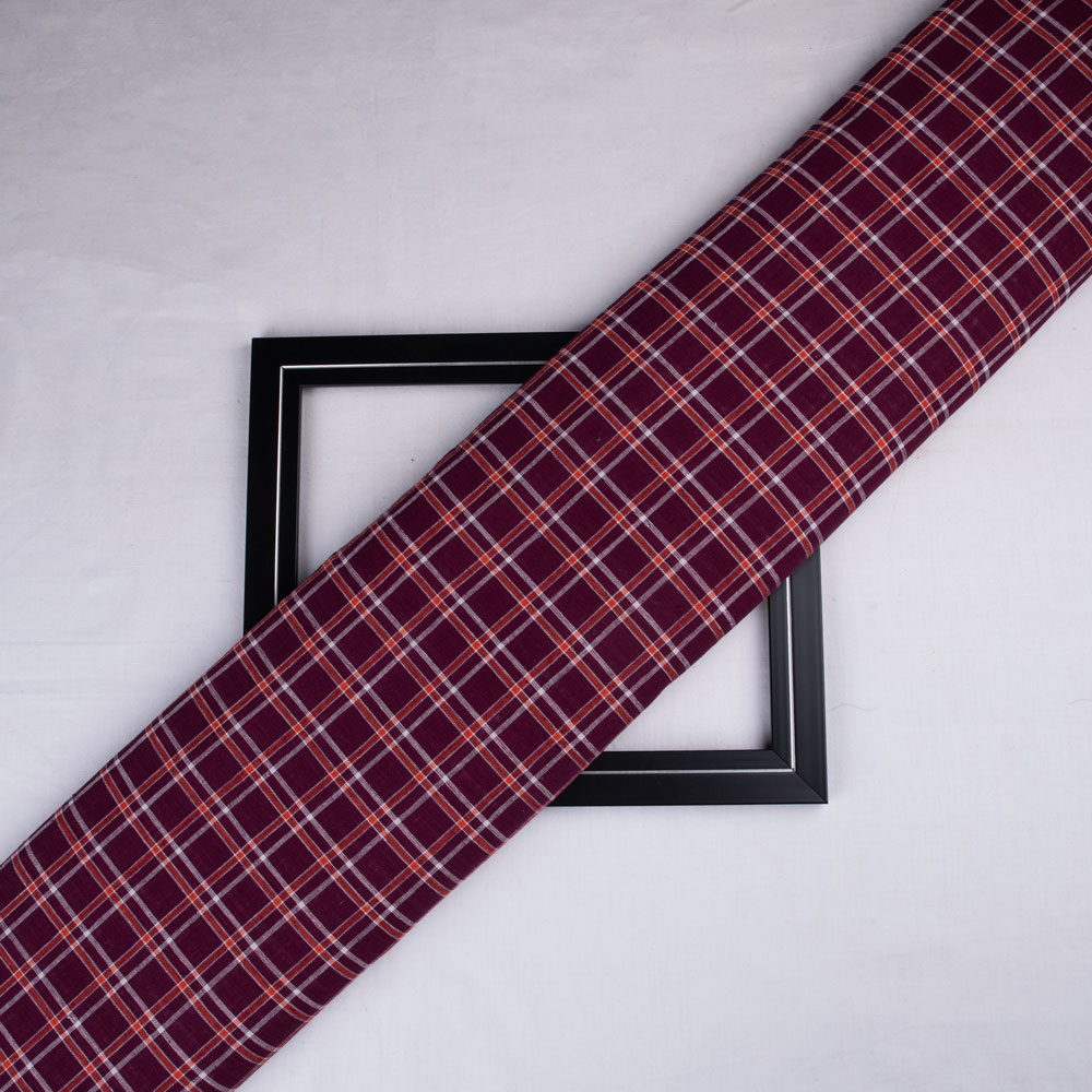 Check Maroon Pure Cotton 89 GSM Handwoven Fabric