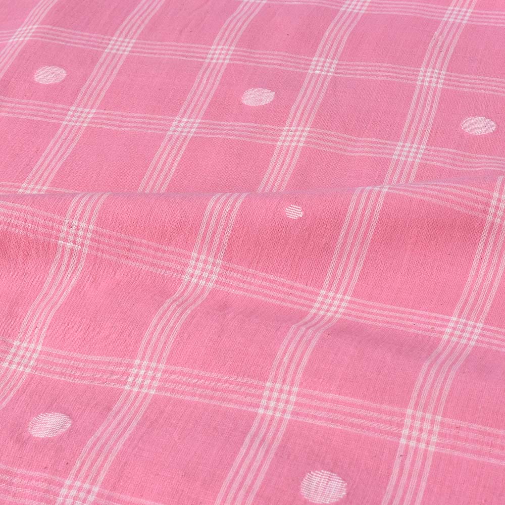 CHECK PINK WHITE JAMDANI PURE COTTON 65 GSM HANDWOVEN FABRIC