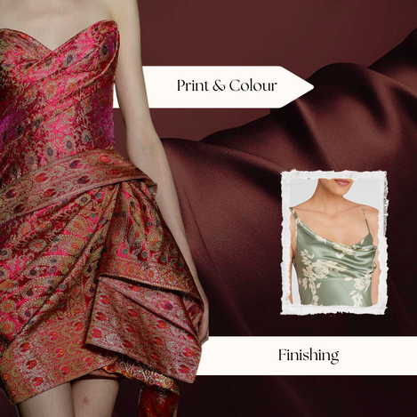 Printed mulberry silk fabric displaying clear motifs, rich colour depth, and soft handfeel.
