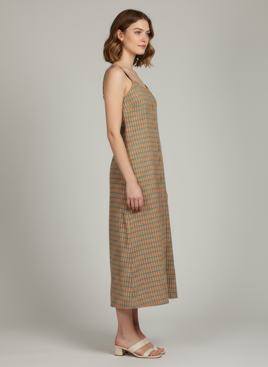 Three Forth Front Opening Dress-Continuous Center Placket