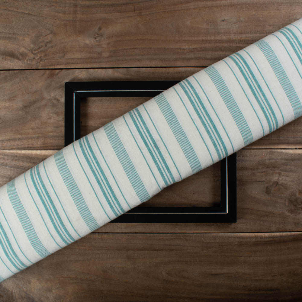 Ecru & Green Stripe 110 GSM Pure Cotton Handwoven Fabric