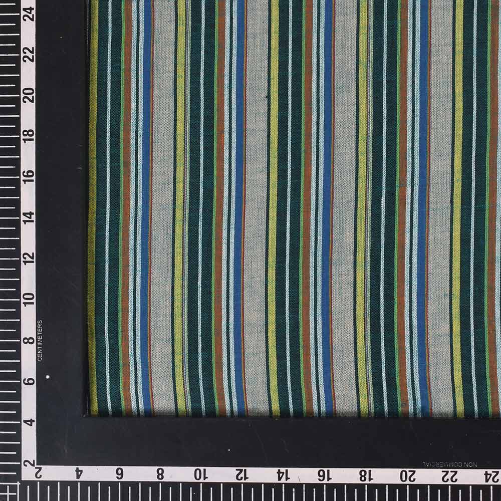 STRIPE GREEN MULTICOLOUR PURE COTTON 74 GSM HANDWOVEN FABRIC