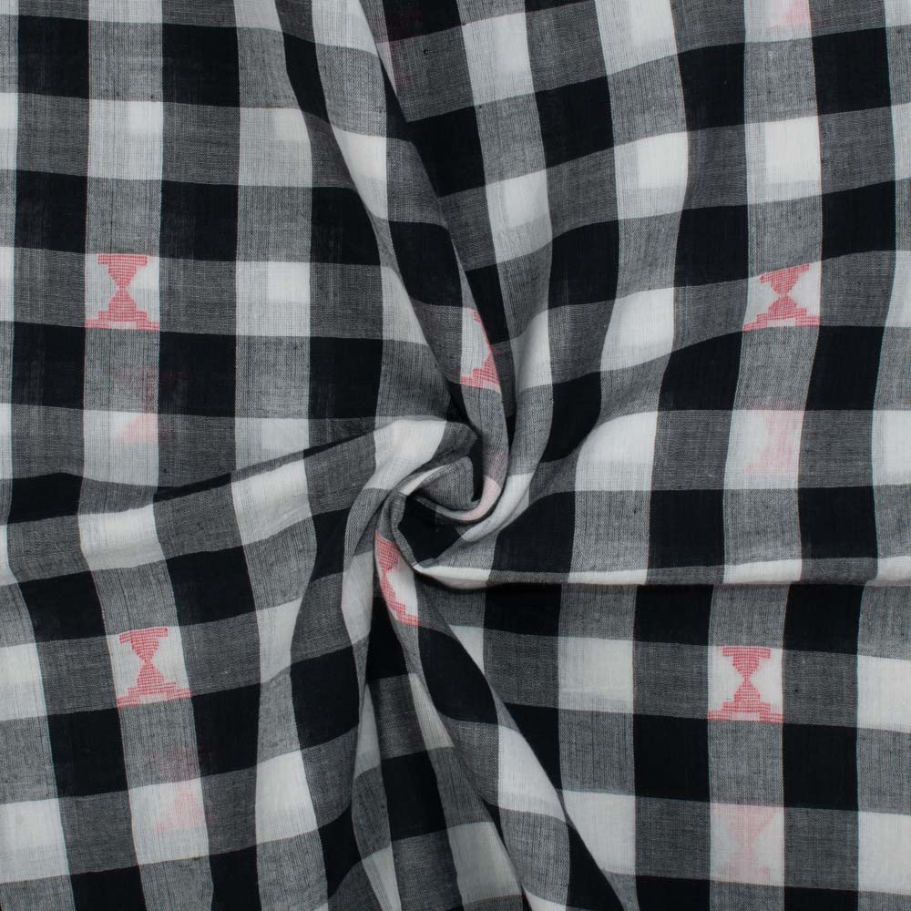 Geometric Check Black & White Jamdani Pure Cotton 55 GSM Fabric 06