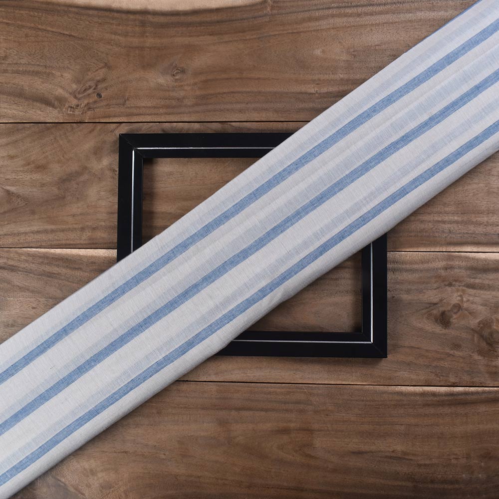 Stripe Off White & Blue Pure Cotton 62 GSM Handwoven Fabric