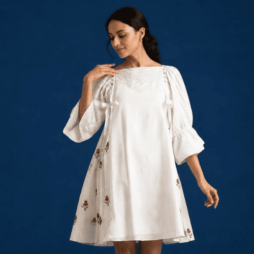 Anuprerna Embroidered Pintuck Dress With Tassels for a contemporary Diwali look.