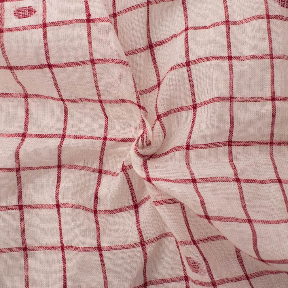Geometric Check Cream & Red Jamdani Pure Cotton 55 GSM Fabric