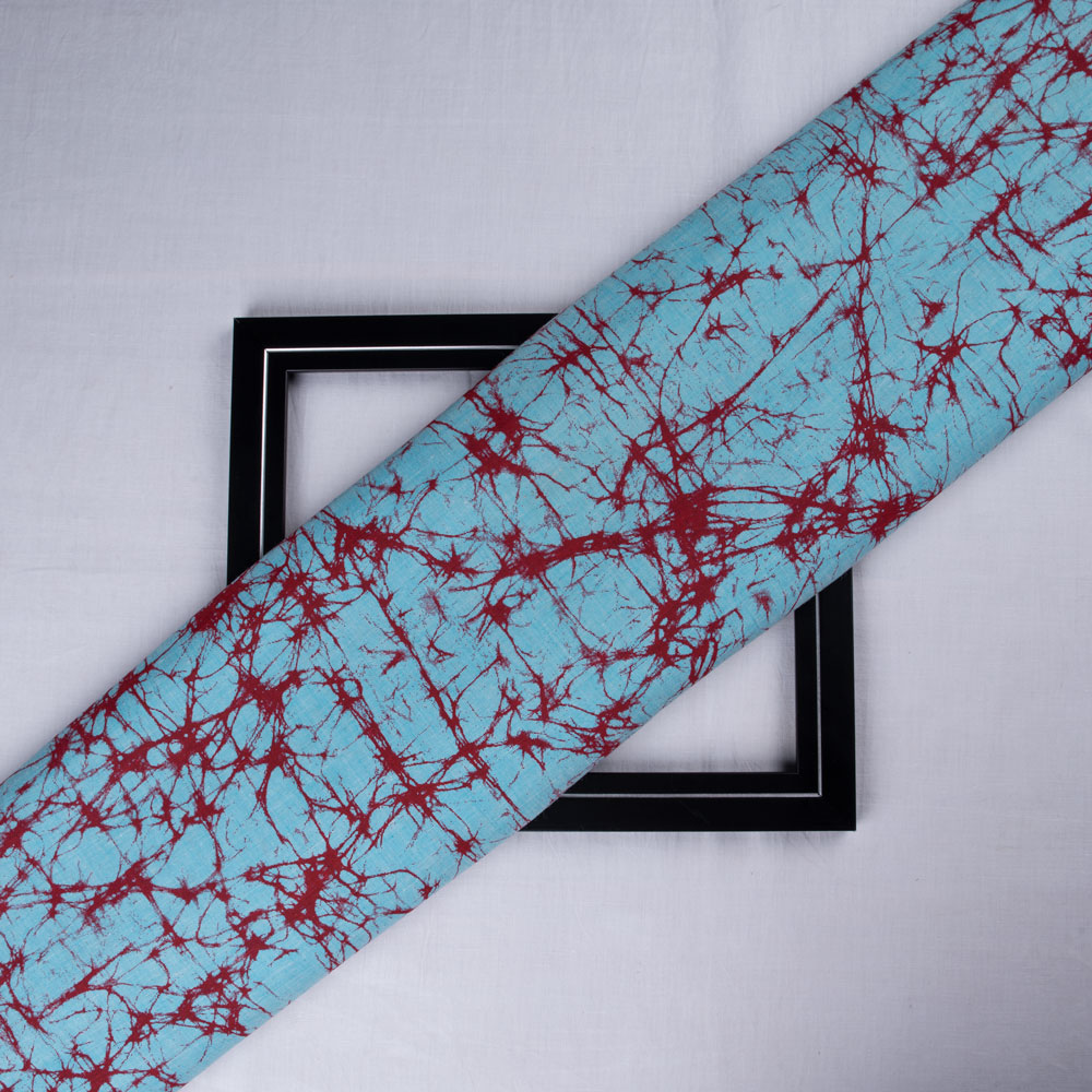 Abstract Blue Screenprinted Cotton Khadi 86 GSM Handwoven Fabric