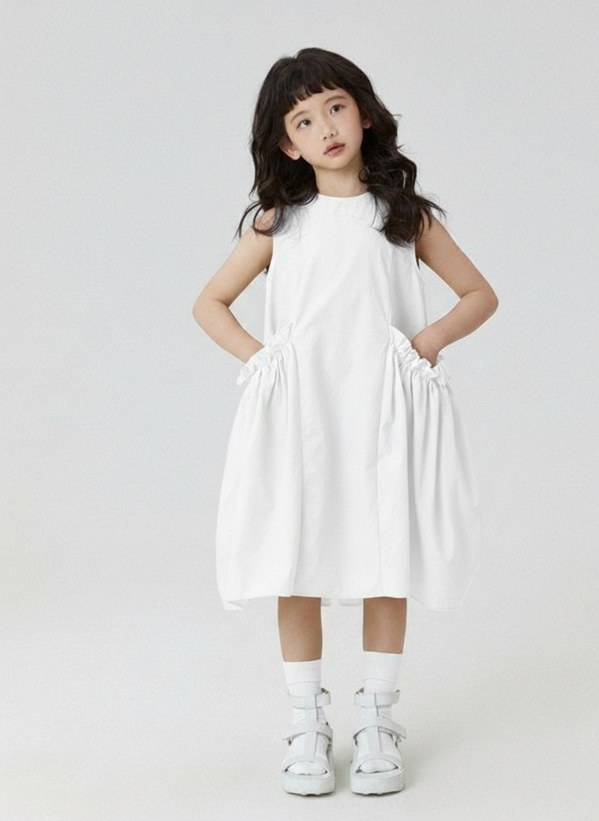 Side Ruffled & Gathered Pockets Kids Dress