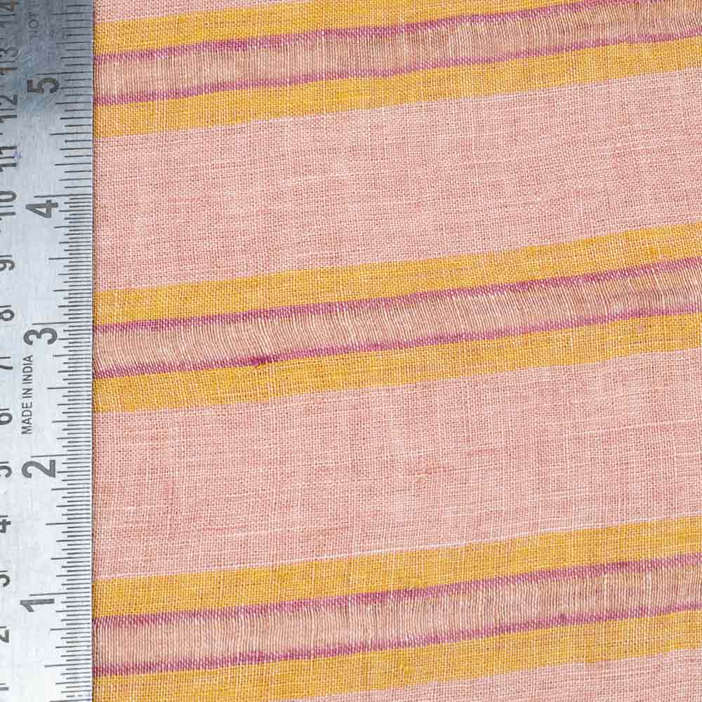 STRIPE PEACH & GOLDEN ZARI PURE LINEN 130 GSM HANDWOVEN FABRIC