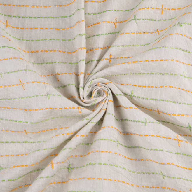 Stripe Off White Kantha Embroidered Khadi Cotton 140 GSM Handwoven Fabric