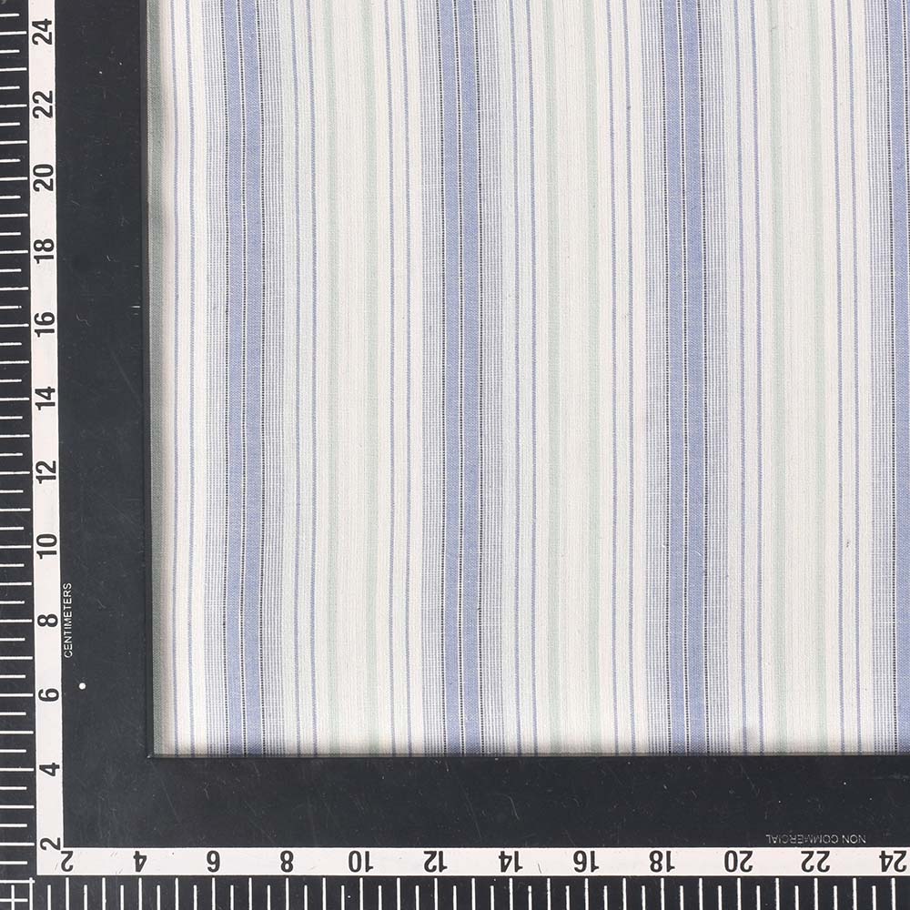 STRIPE WHITE BLUE AND GREEN PURE COTTON 85 GSM HANDWOVEN FABRIC