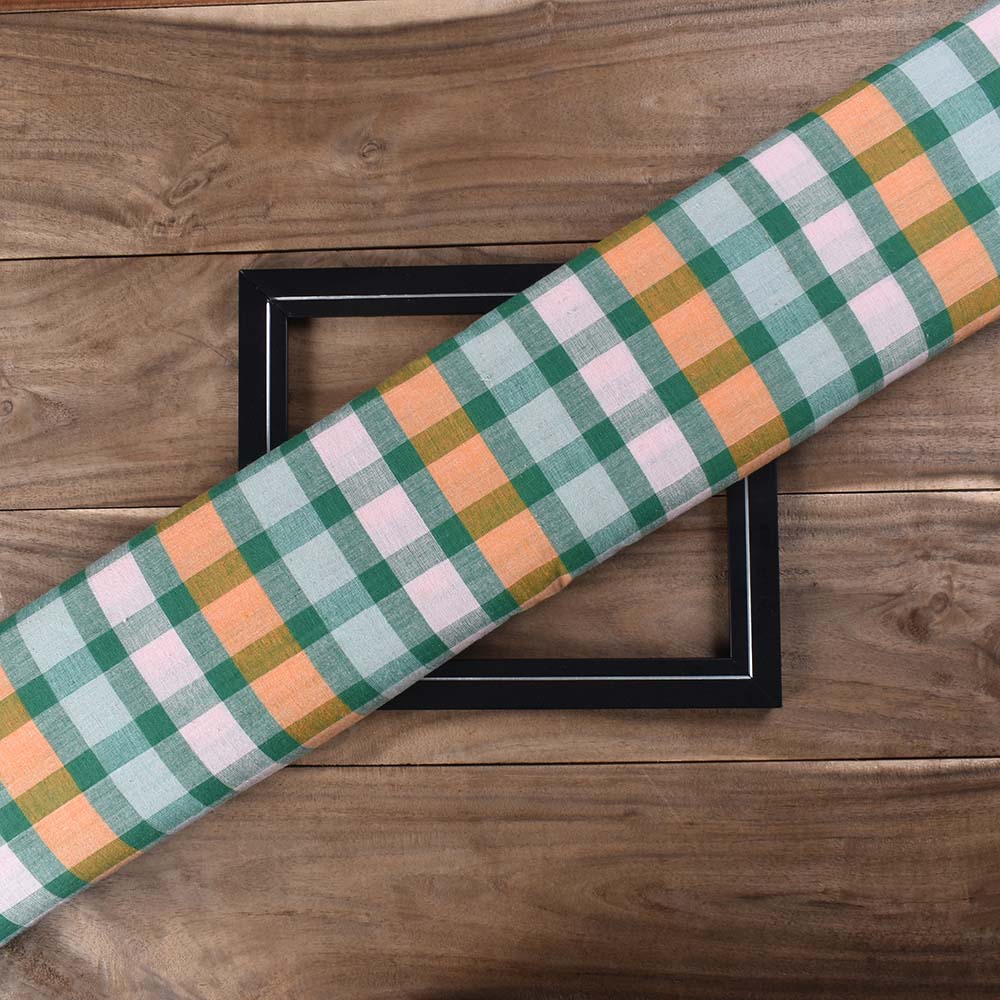 Check Orange Green Pure Cotton 95 GSM Handwoven Fabric
